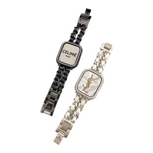 【送钻壳】AppleWatchS11表带不锈钢苹果手表10/9表带金属细款皮链条iWatch8小香风表带S7小众SE星光色女透气