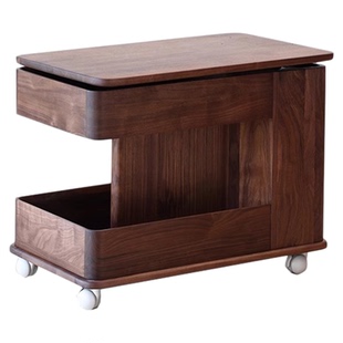 北美黑胡桃木全实木推车可移动升降茶几边几客厅茶水柜旋转小桌子