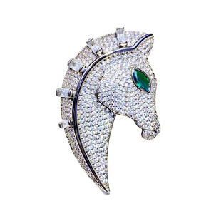 跨境新款重工镶大克拉超闪3A锆石生肖马首胸针轻奢时尚高档胸花批