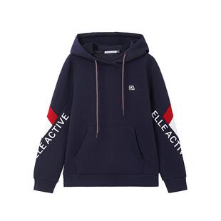 ELLE Active女装字母拼接连帽运动卫衣藏青色帽衫潮搭套头上衣