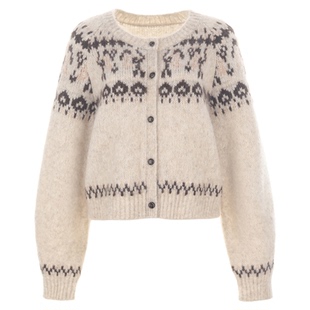 wana try费尔岛花型宫廷袖浅灰粉色针织开衫2025秋季新款女款上衣