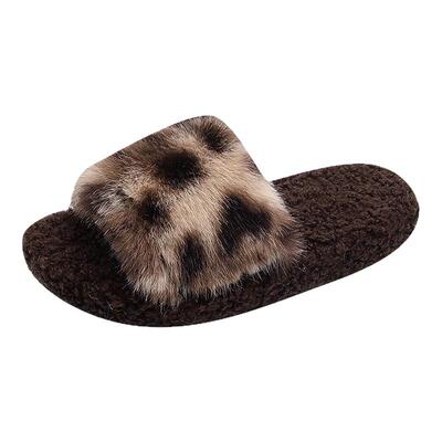 秋冬豹纹儿童毛毛拖鞋出口环保料女童拖鞋新款外穿软底防滑棉拖鞋