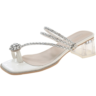 法式粗跟凉鞋女夏季外穿配裙子水钻仙女高跟鞋两穿夹趾水晶凉拖鞋