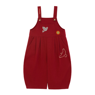 砚台家女童纯棉刺绣可调节背带裤2026春装新款宝宝宽松阔腿灯笼裤