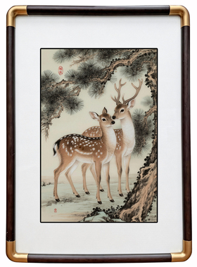 四九艺社 景德镇松间双鹿图瓷板画茶室书房新中式麋鹿花鸟装饰画