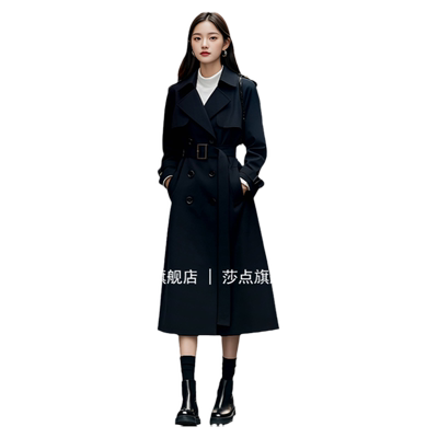 莎点黑色双排扣风衣中长款