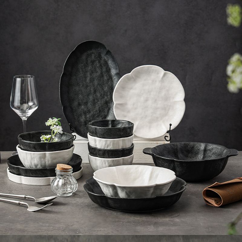 黑白磨砂简约陶瓷餐具盘子汤碗盘盘碗面碗米饭碗鱼风牛排简约双耳