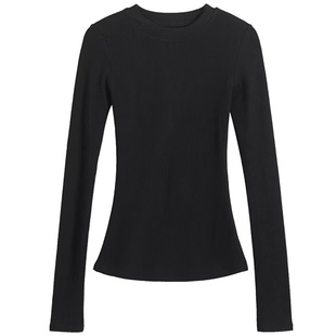 美式复古简约内搭加绒保暖小圆领弹力包身纯色长袖T恤打底衫上衣