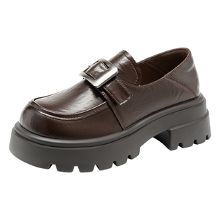 奥康 女鞋2025春秋乐福鞋英伦学院风松糕底厚底方扣套脚单鞋