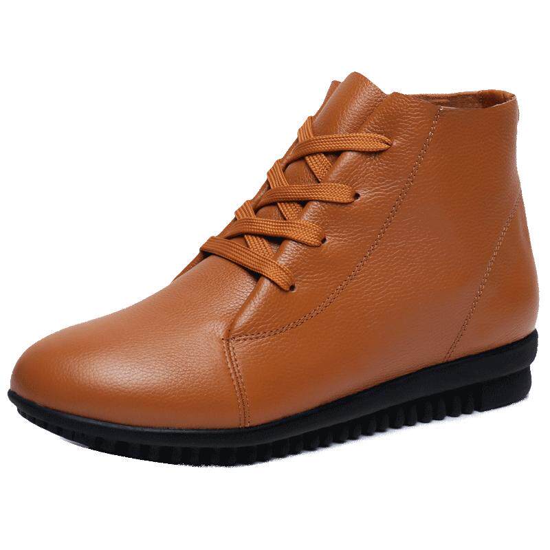 秋冬季休闲软底软面妈妈鞋真皮鞋子中年女鞋加绒平底短靴女二棉鞋