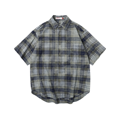 毛边破坏格子短袖衬衫