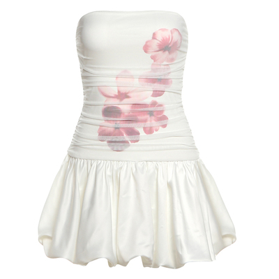 纯欲甜美网纱朦胧印花抹胸连衣裙