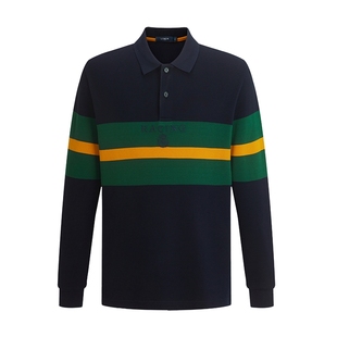 【100%棉】LONDA伦德马秋季新款男士长袖T恤刺绣休闲条纹POLO衫潮