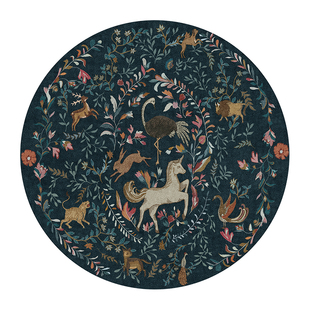 楼兰美惠 法式蓝色独角兽中古圆形地毯客厅衣帽间暗黑色系零甲醛