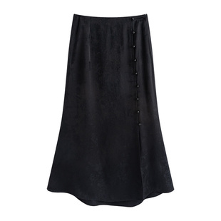 固执夏季新款法式通勤鱼尾开叉排扣中长款高腰黑色半身裙女