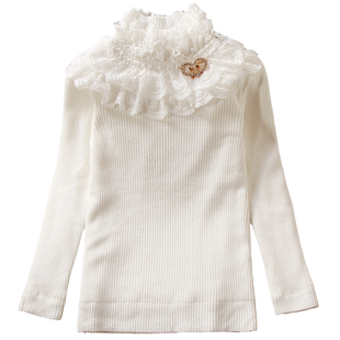 小童装秋冬款女童毛衣套头加绒保暖打底针织衫蕾丝花边领洋气毛衣