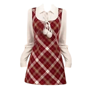 大码胖mm新年圣诞氛围感假两件衬衫红格子连衣裙女秋冬显瘦中长裙