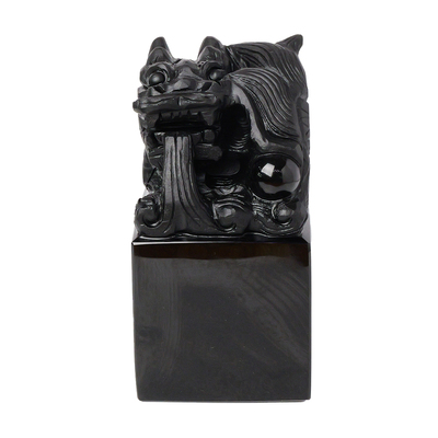 天然黑曜石盘龙玉玺定制摆件