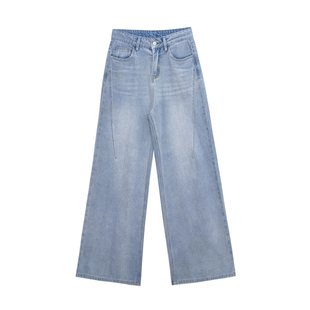 荒荒家 分割线牛仔裤2025夏季新款经典设计蓝色直筒阔腿休闲裤女