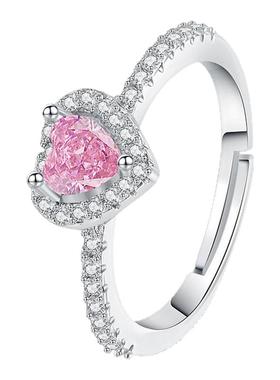 s925纯银爱心形粉钻指环女送闺蜜