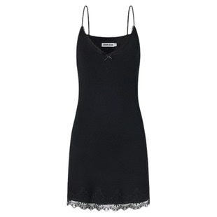 LEDIM WANG蕾丝针织吊带连衣裙女2026春新款黑色轻奢修身薄款短裙