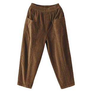园园美衣新款复古全棉灯芯绒哈伦裤女松紧腰拼接显瘦条绒裤长裤秋
