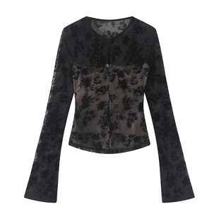 愉悦愉悦 黑色圆领打底长袖蕾丝T恤女春季气质收腰显瘦设计感上衣