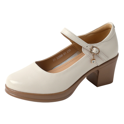 真皮圆头粗跟厚底法式玛丽珍鞋女
