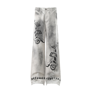 华夏印迹 美式做旧音符印花脏脏牛仔裤男宽松阔腿裤小众设计长裤