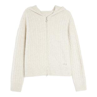 【100%绵羊毛】ELLE连帽绞花针织开衫女2025冬季新款休闲通勤毛衣