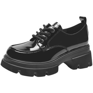 热风黑色小皮鞋2024年秋季新款女士亮面厚底通勤休闲系带圆头单鞋