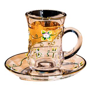 欧式描金珐琅水晶玻璃咖啡杯家用高档玻璃杯红茶下午茶杯套装带碟