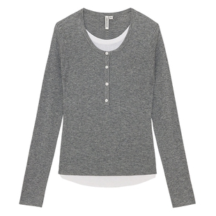 美特斯邦威毛衣女春季新款修身内搭灰色打底衫圆领针织百搭羊毛衫