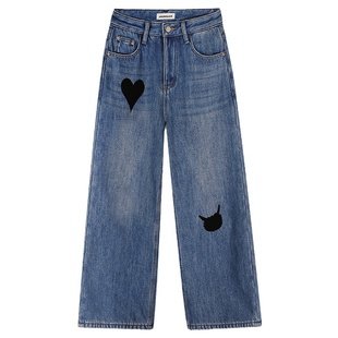 落落狷介 加绒牛仔裤小个子刺绣阔腿裤2025年冬季新款设计感高腰