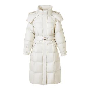 朗姿霍尔多巴吉白鹅绒长款修身外套冬季设计感连帽收腰女士羽绒服