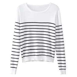 长袖条纹针织衫女春季洋气独特别致短款上衣小个子毛衣内搭打底衫