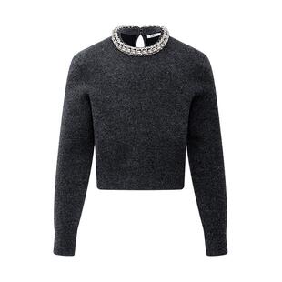 LILY2025冬新款女装含羊毛格雷系钉钻加厚休闲通勤圆领套头针织衫