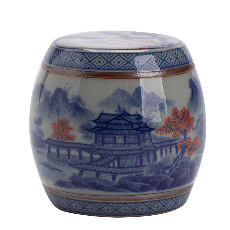 仿古釉青花云阁连天板凳盖置家用陶瓷盖托精致茶宠摆件功夫茶具