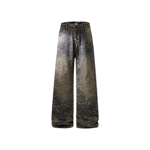 美式高街vibe提花牛仔裤男冬季加绒潮牌直筒休闲宽松痞帅微喇裤子