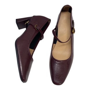 7cm法式复古风方头一字带玛丽珍鞋女百搭粗跟高跟单鞋红色小码33