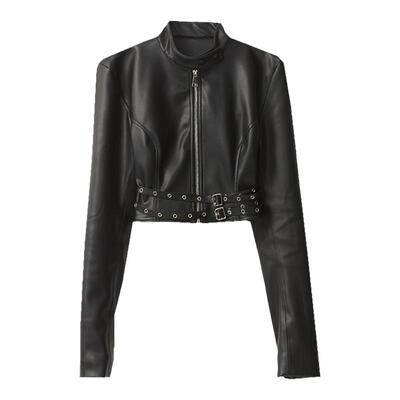 辣妹修身黑色短款皮衣