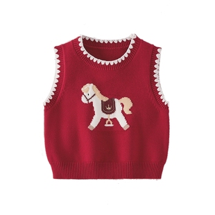 宝宝针织马甲儿童毛衣秋冬婴儿红色毛线衣冬小童毛织坎肩女童背心