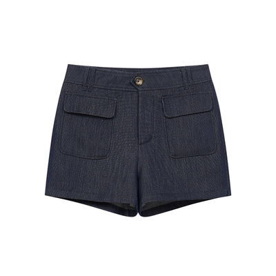 藏蓝色复古中腰休闲口袋超短裤