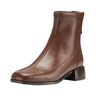 千百度靴子女款秋冬加绒时装靴中跟短靴圆头羊皮瘦瘦靴潮流鞋子