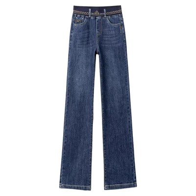 松紧高腰阔腿牛仔裤女春秋2025