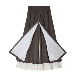 加绒蕾丝花边拼接裙裤2026秋冬新款显瘦直筒假两件毛呢梧桐阔腿裤