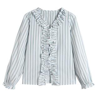 弥古法式木耳边条纹衬衫v领上衣女春季宽松长袖泡泡袖衬衣打底衫