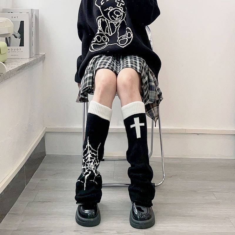 亚文化暗黑风不对称蜘蛛网套堆堆袜套喇叭形双面袜套辣妹腿穿黑色