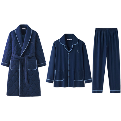 三件套睡袍男士秋冬季纯棉夹棉