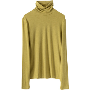 轻软薄款丝光羊毛+兰精莫代尔打底衫修身堆堆领长袖T恤纯色打底衣